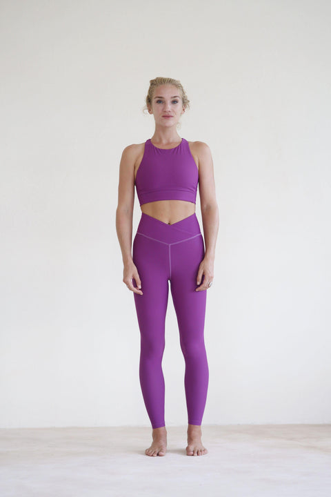 Purple yoga top and purple cross waist yoga leggings Moonah Wear