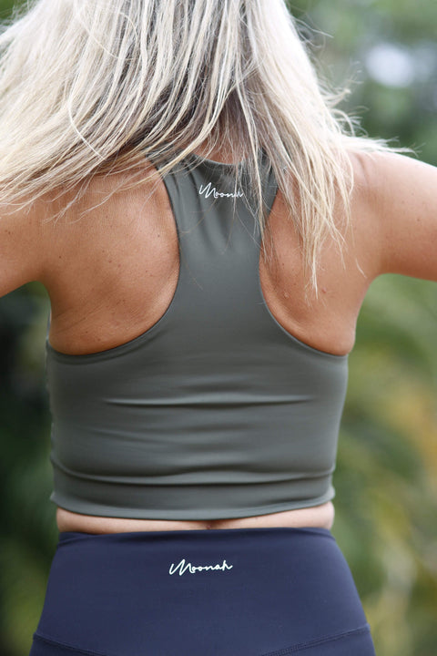 Sustainable yoga top and high-waisted leggings with Moonah Wear logo